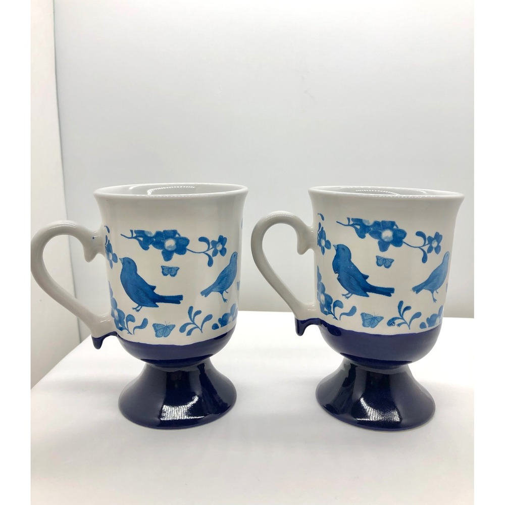 Blue White Bird Floral Ceramic Footed Mugs Pedestal Coffee Tea Cups Set of 2